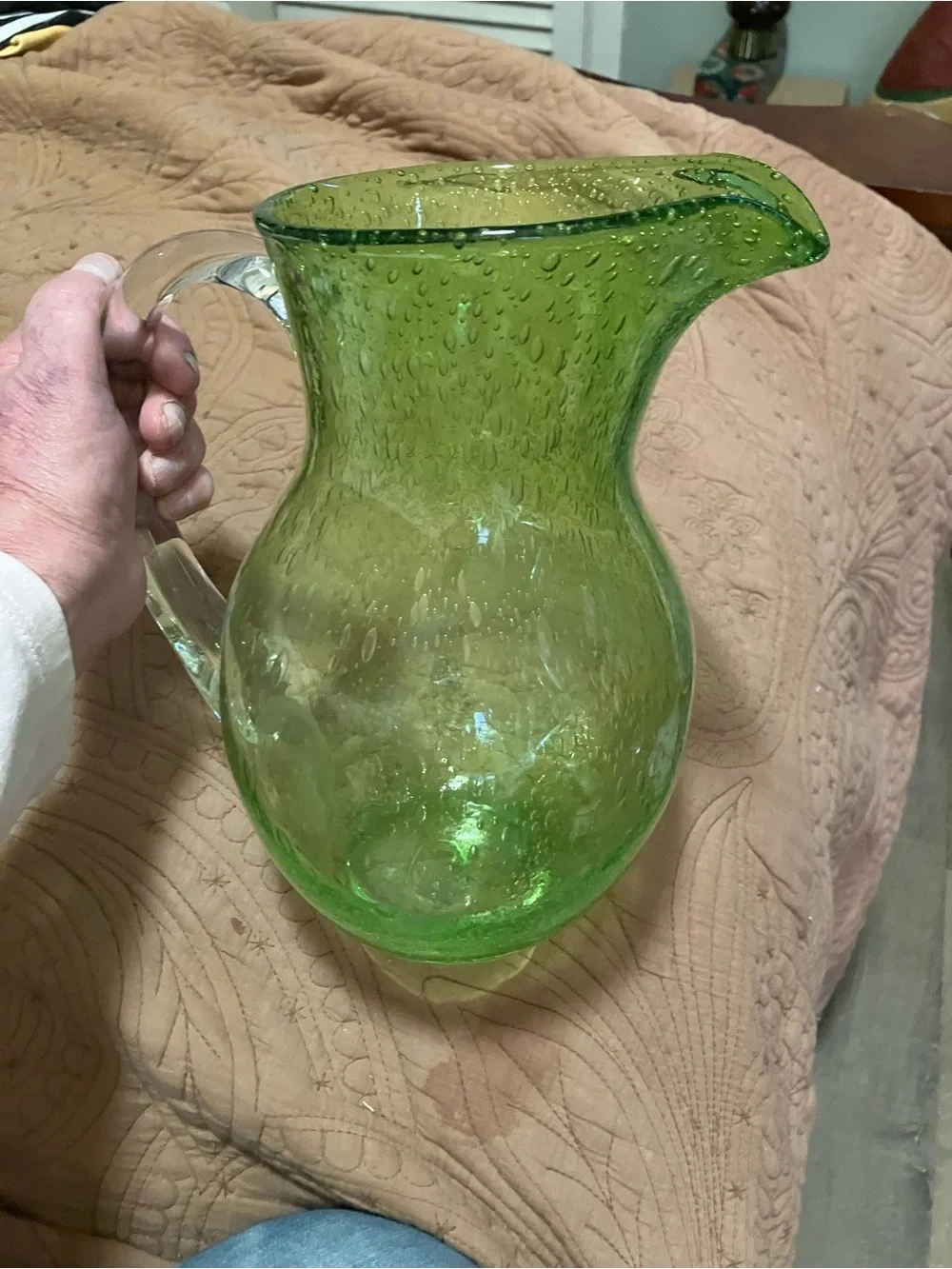 Crate and Barrel Hand Blown Green Glass Bubble Cocktail Water Pitcher